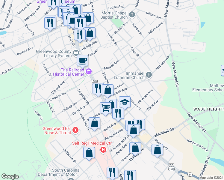map of restaurants, bars, coffee shops, grocery stores, and more near 928 Phoenix Street in Greenwood