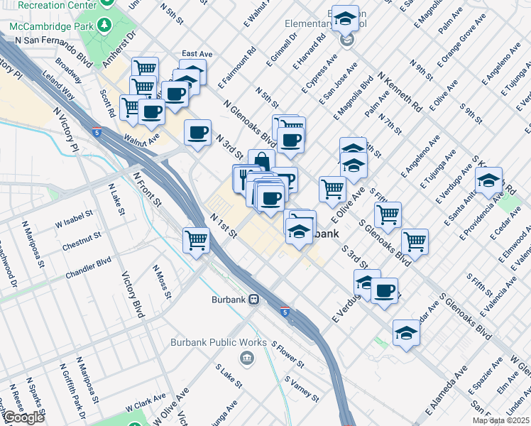 map of restaurants, bars, coffee shops, grocery stores, and more near 260 East Magnolia Boulevard in Burbank