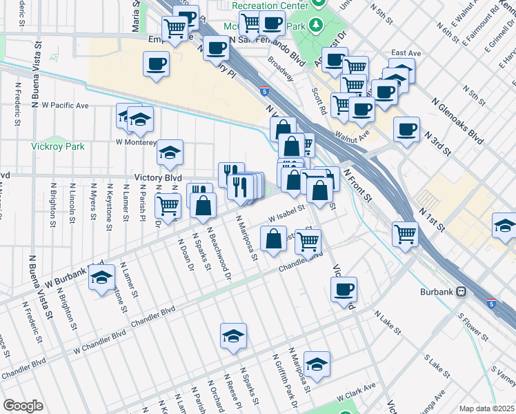 map of restaurants, bars, coffee shops, grocery stores, and more near 1112 West Burbank Boulevard in Burbank