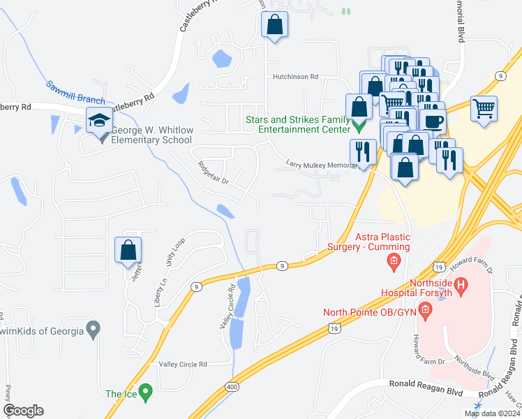 map of restaurants, bars, coffee shops, grocery stores, and more near 3686 Claredun Court in Cumming