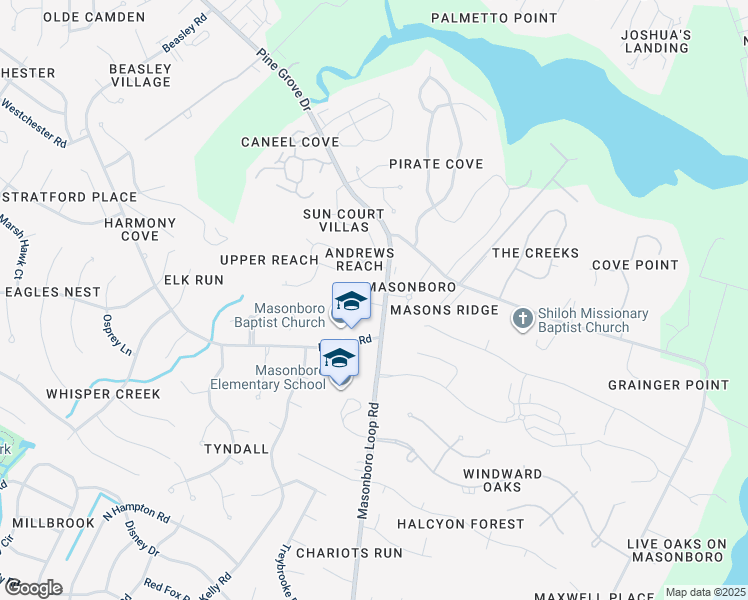 map of restaurants, bars, coffee shops, grocery stores, and more near 3400 Masonboro Loop Road in Wilmington
