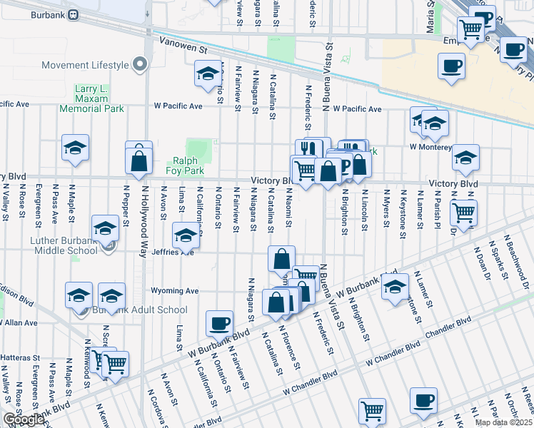 map of restaurants, bars, coffee shops, grocery stores, and more near 1501 North Catalina Street in Burbank