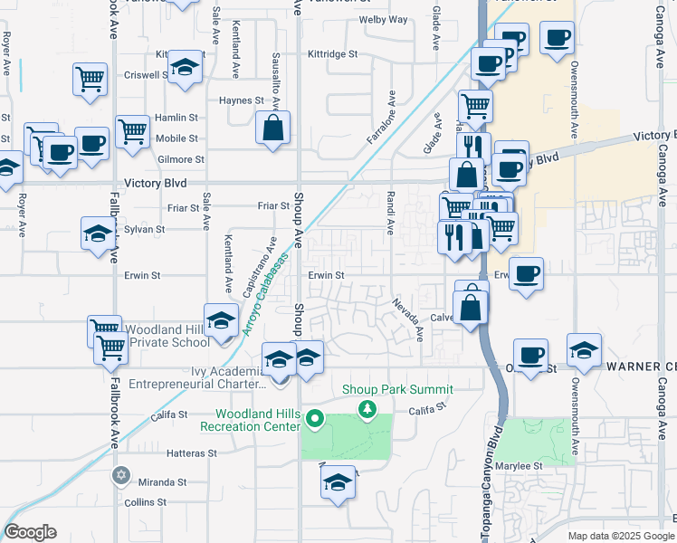 map of restaurants, bars, coffee shops, grocery stores, and more near 22287 Erwin Street in Los Angeles