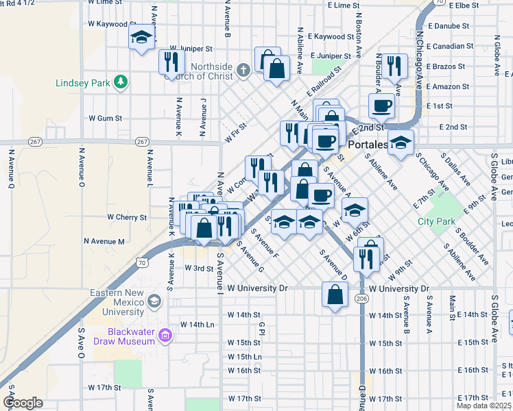 map of restaurants, bars, coffee shops, grocery stores, and more near 507 West 1st Street in Portales