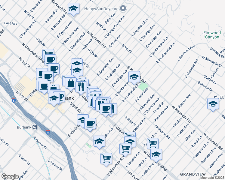 map of restaurants, bars, coffee shops, grocery stores, and more near 602 East Verdugo Avenue in Burbank
