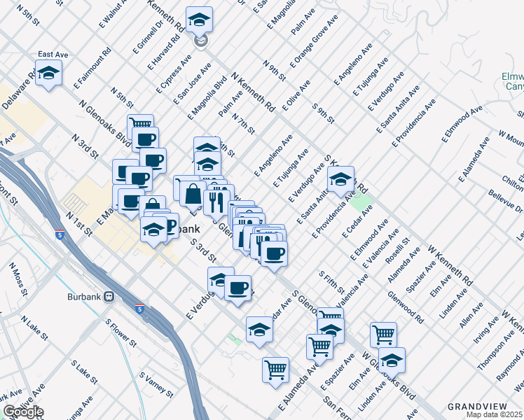 map of restaurants, bars, coffee shops, grocery stores, and more near 544 East Tujunga Avenue in Burbank
