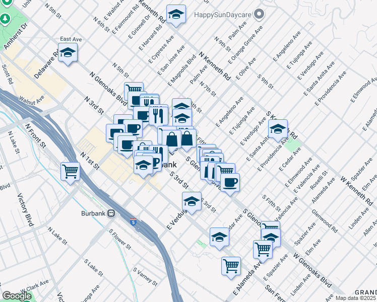 map of restaurants, bars, coffee shops, grocery stores, and more near 455 East Angeleno Avenue in Burbank