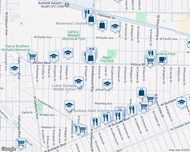 map of restaurants, bars, coffee shops, grocery stores, and more near 1817 North Avon Street in Burbank