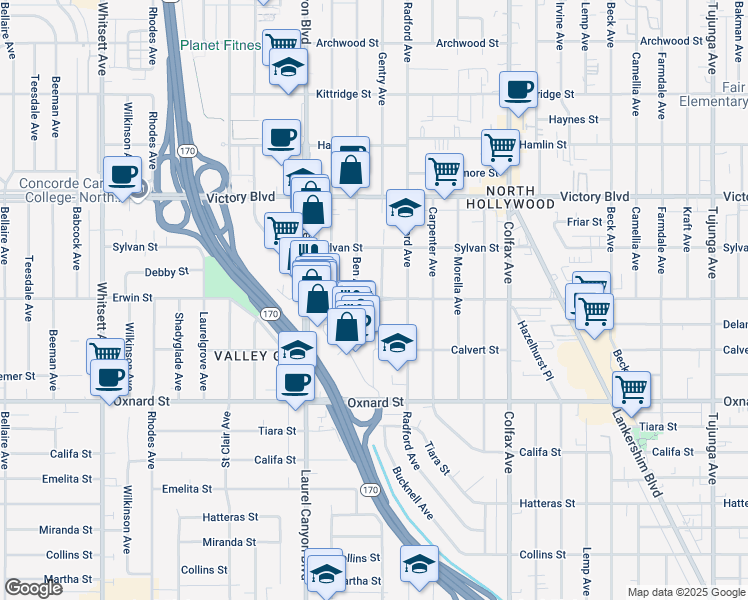 map of restaurants, bars, coffee shops, grocery stores, and more near 6215 Gentry Avenue in Los Angeles