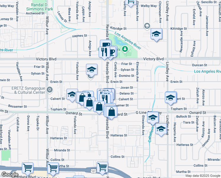 map of restaurants, bars, coffee shops, grocery stores, and more near 6230 Reseda Boulevard in Los Angeles