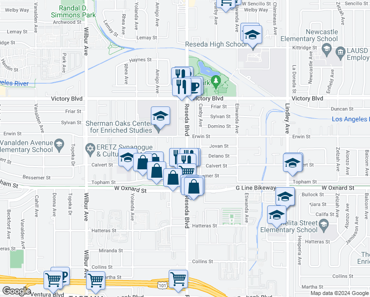 map of restaurants, bars, coffee shops, grocery stores, and more near 6230 Reseda Boulevard in Los Angeles
