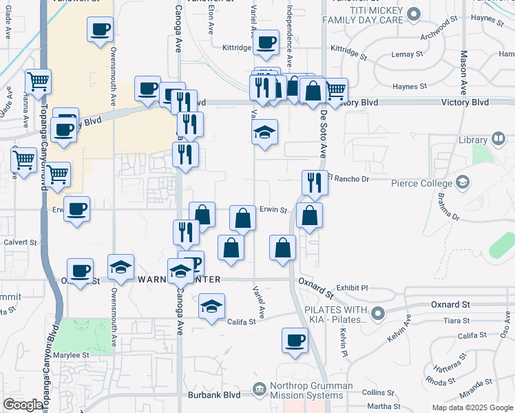 map of restaurants, bars, coffee shops, grocery stores, and more near 6200 Variel Avenue in Los Angeles