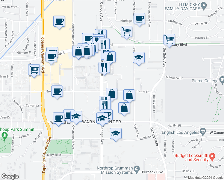 map of restaurants, bars, coffee shops, grocery stores, and more near 21301 Erwin Street in Los Angeles