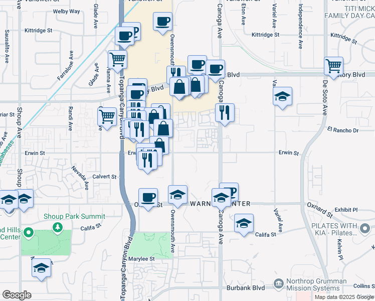 map of restaurants, bars, coffee shops, grocery stores, and more near 6220 Owensmouth Avenue in Los Angeles