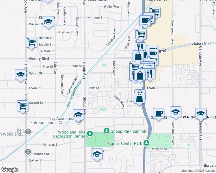 map of restaurants, bars, coffee shops, grocery stores, and more near 22215 1/2 Erwin Street in Los Angeles