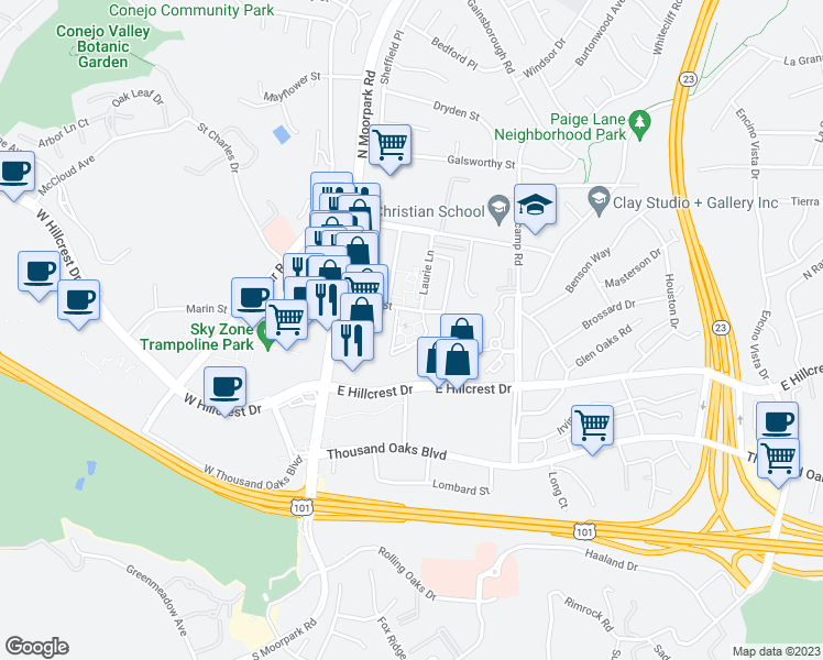 map of restaurants, bars, coffee shops, grocery stores, and more near 220 Brazil Street in Thousand Oaks