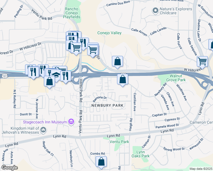 map of restaurants, bars, coffee shops, grocery stores, and more near 1180 Newbury Road in Thousand Oaks
