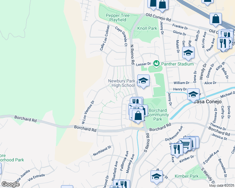 map of restaurants, bars, coffee shops, grocery stores, and more near 526 Martinique Place in Thousand Oaks