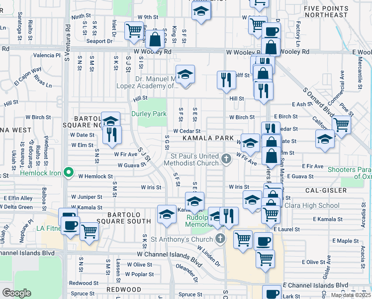 map of restaurants, bars, coffee shops, grocery stores, and more near 1615 South E Street in Oxnard