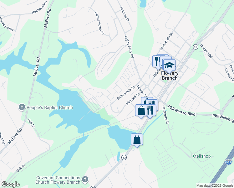 map of restaurants, bars, coffee shops, grocery stores, and more near 6513 Above Tide Place in Flowery Branch