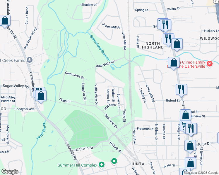 map of restaurants, bars, coffee shops, grocery stores, and more near 310 Bonaire Street in Cartersville