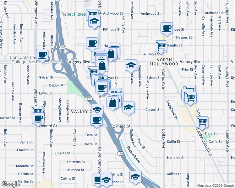 map of restaurants, bars, coffee shops, grocery stores, and more near 14629 West Erwin Street in Los Angeles