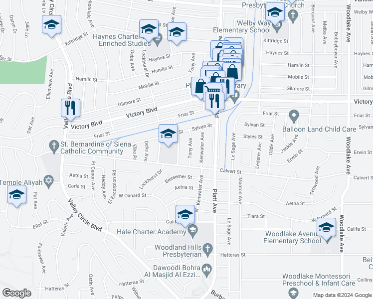 map of restaurants, bars, coffee shops, grocery stores, and more near 6165 Tony Avenue in Los Angeles