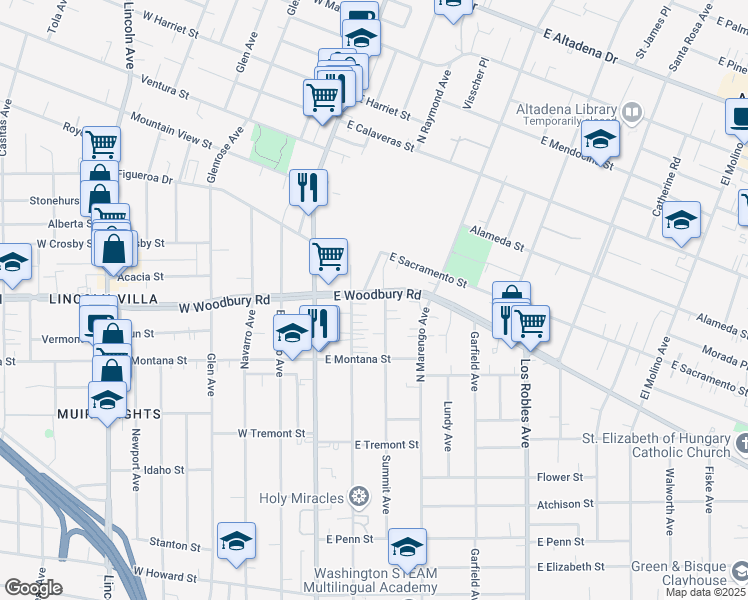 map of restaurants, bars, coffee shops, grocery stores, and more near 114 East Woodbury Road in Altadena