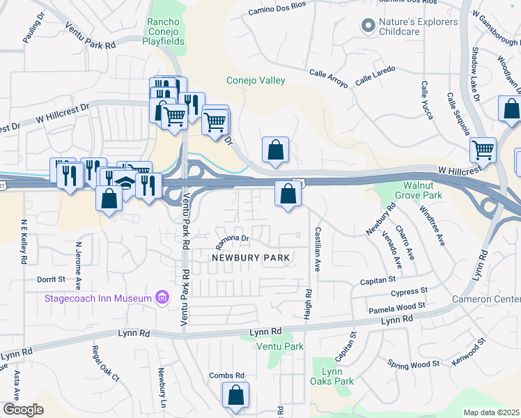 map of restaurants, bars, coffee shops, grocery stores, and more near 1180 Newbury Road in Thousand Oaks