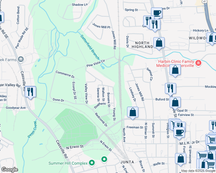 map of restaurants, bars, coffee shops, grocery stores, and more near 310 Bonaire Street in Cartersville