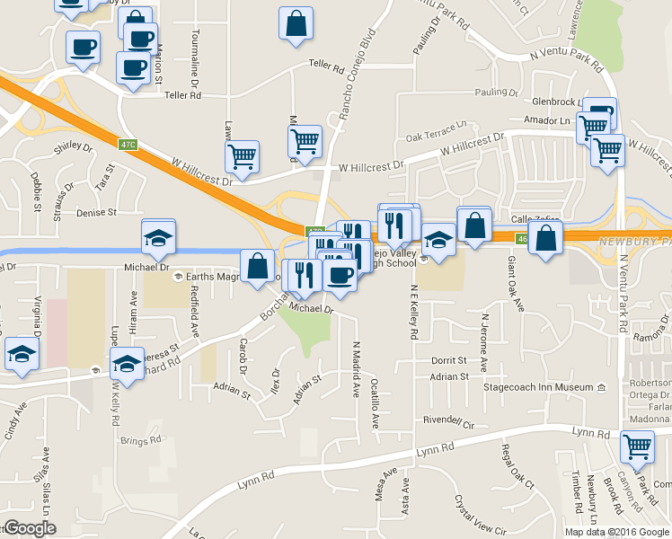 map of restaurants, bars, coffee shops, grocery stores, and more near 2113 Newbury Road in Thousand Oaks