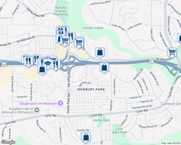 map of restaurants, bars, coffee shops, grocery stores, and more near 327 Newbury Vista Lane in Thousand Oaks