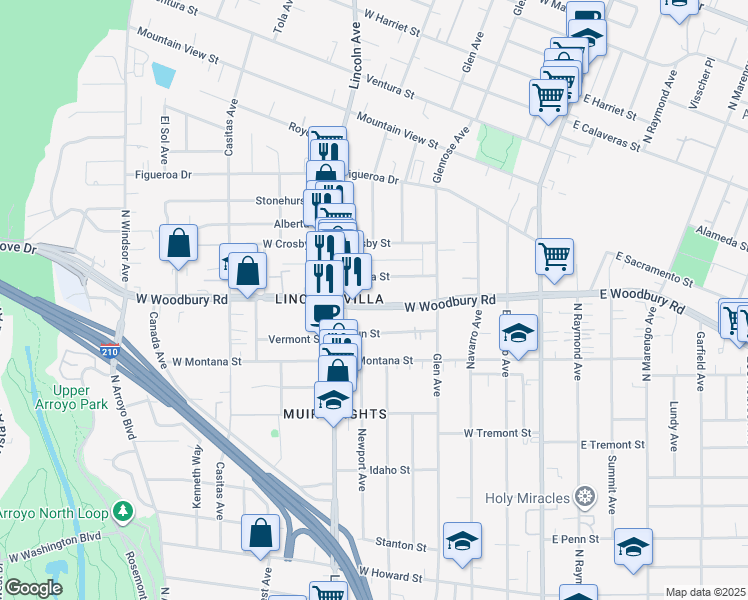 map of restaurants, bars, coffee shops, grocery stores, and more near 343 West Woodbury Road in Altadena