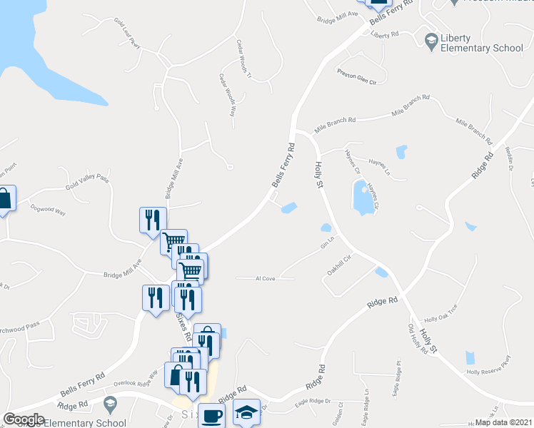 map of restaurants, bars, coffee shops, grocery stores, and more near 9550 Bells Ferry Road in Canton