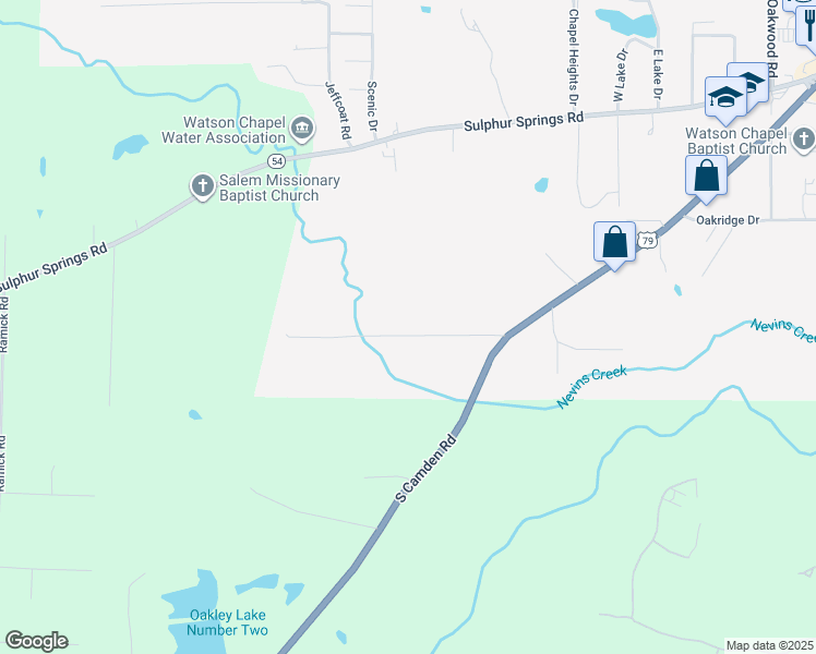 map of restaurants, bars, coffee shops, grocery stores, and more near 6715 Nevins Road in Pine Bluff