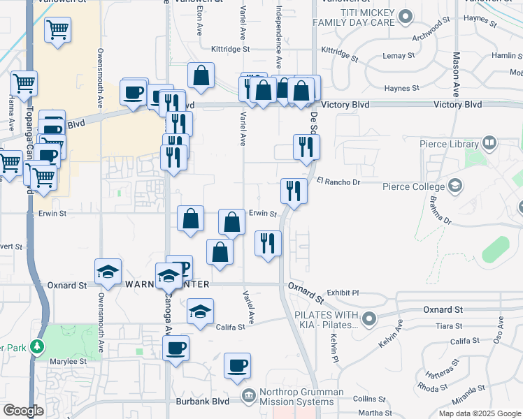 map of restaurants, bars, coffee shops, grocery stores, and more near 21021 Erwin Street in Los Angeles