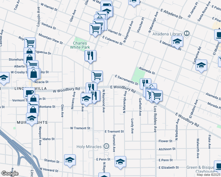 map of restaurants, bars, coffee shops, grocery stores, and more near 114 East Woodbury Road in Altadena