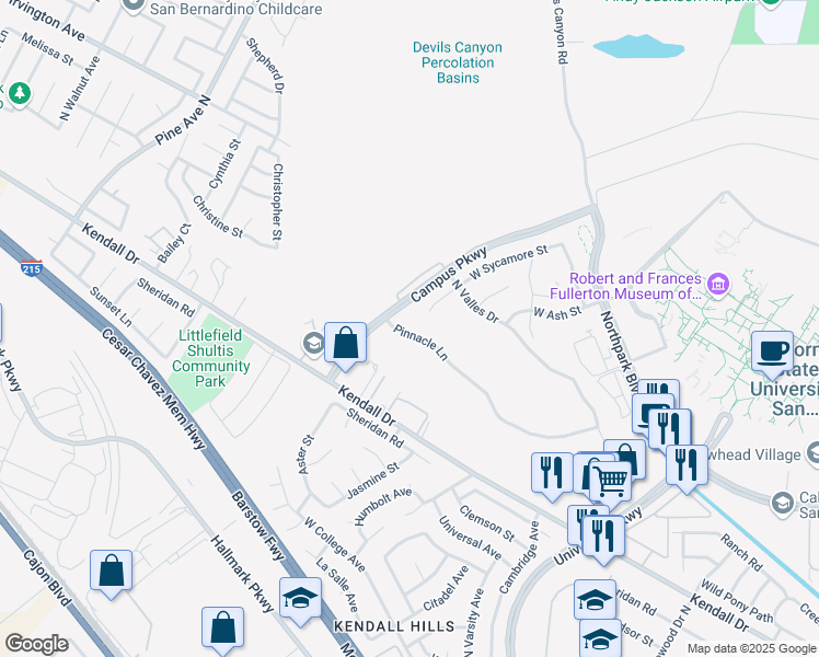 map of restaurants, bars, coffee shops, grocery stores, and more near 5641 Pinnacle Lane in San Bernardino