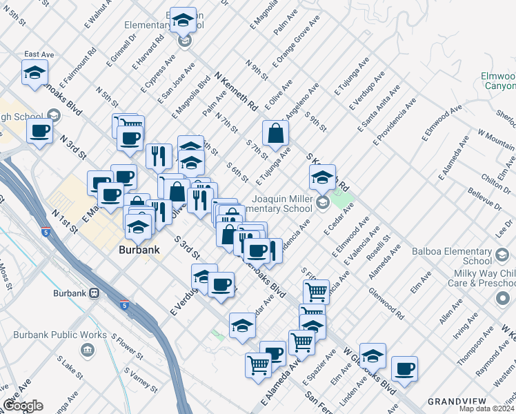 map of restaurants, bars, coffee shops, grocery stores, and more near 557 East Verdugo Avenue in Burbank