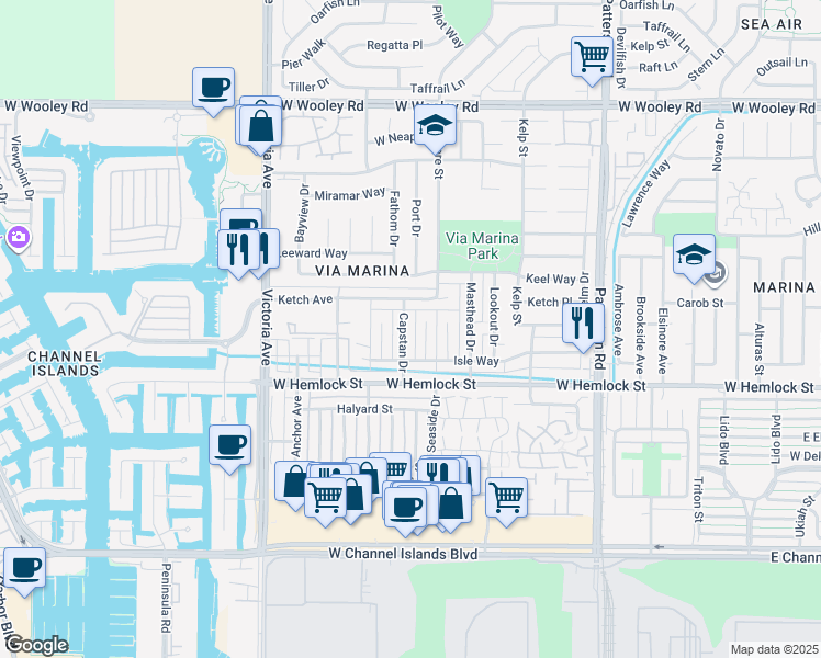 map of restaurants, bars, coffee shops, grocery stores, and more near 1804 Capstan Drive in Oxnard