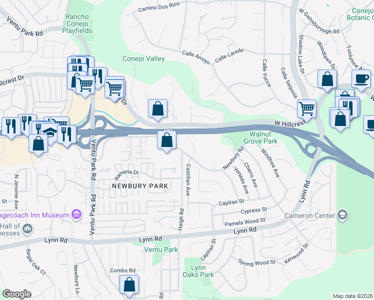 map of restaurants, bars, coffee shops, grocery stores, and more near 375 Castilian Avenue in Thousand Oaks