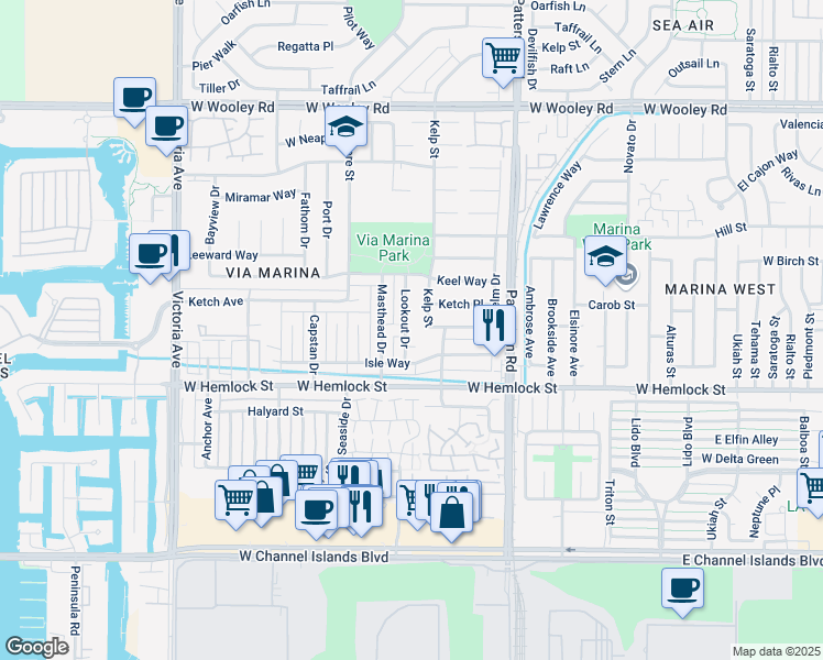 map of restaurants, bars, coffee shops, grocery stores, and more near 1800 Lookout Drive in Oxnard