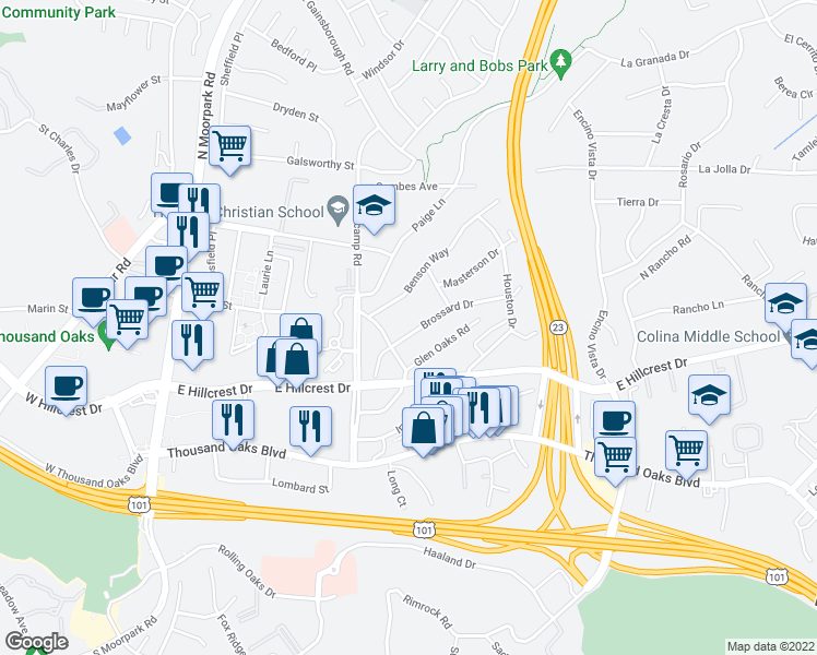 map of restaurants, bars, coffee shops, grocery stores, and more near 623 Brossard Drive in Thousand Oaks