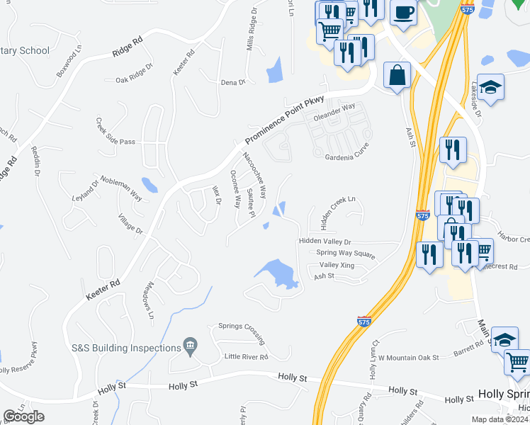 map of restaurants, bars, coffee shops, grocery stores, and more near 159 Nacoochee Way in Canton