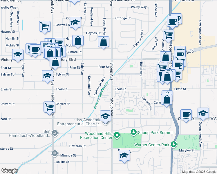 map of restaurants, bars, coffee shops, grocery stores, and more near 6225 Shoup Avenue in Los Angeles