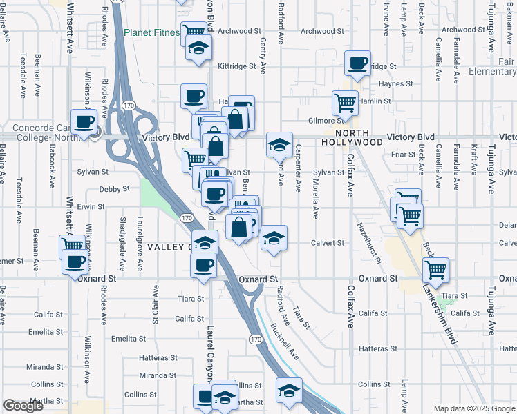 map of restaurants, bars, coffee shops, grocery stores, and more near 11950 Erwin Street in Los Angeles