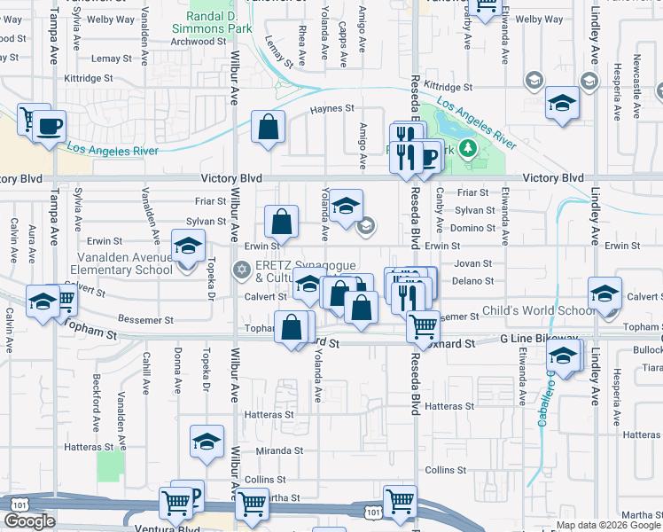 map of restaurants, bars, coffee shops, grocery stores, and more near 6210 Yolanda Avenue in Los Angeles