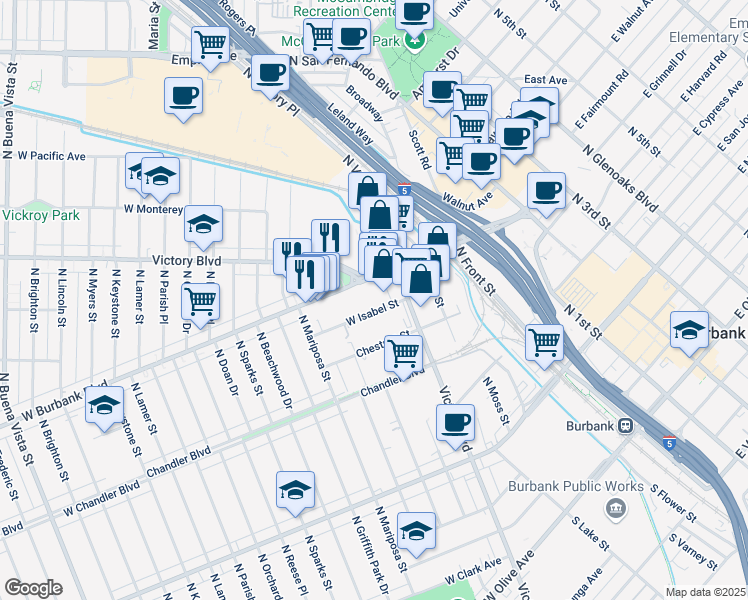 map of restaurants, bars, coffee shops, grocery stores, and more near 1008 West Burbank Boulevard in Burbank