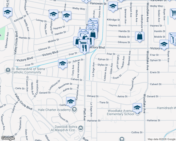 map of restaurants, bars, coffee shops, grocery stores, and more near 6206 Platt Avenue in Los Angeles
