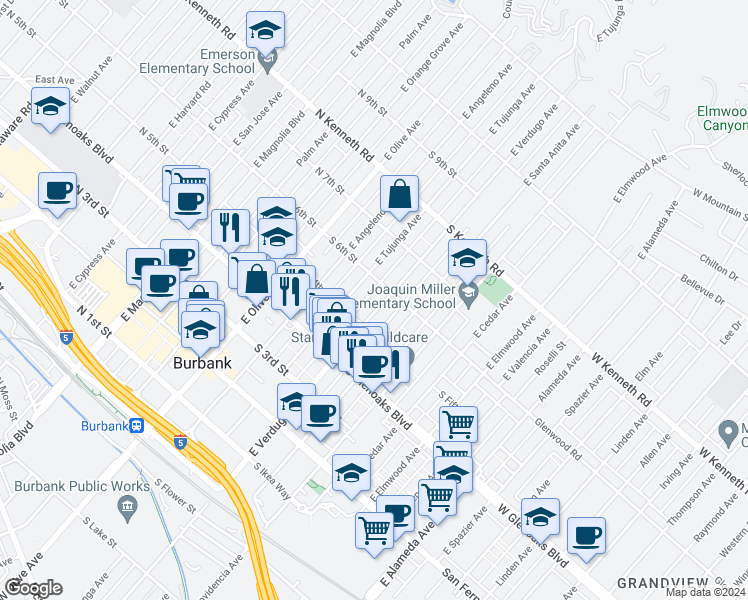 map of restaurants, bars, coffee shops, grocery stores, and more near 557 East Verdugo Avenue in Burbank